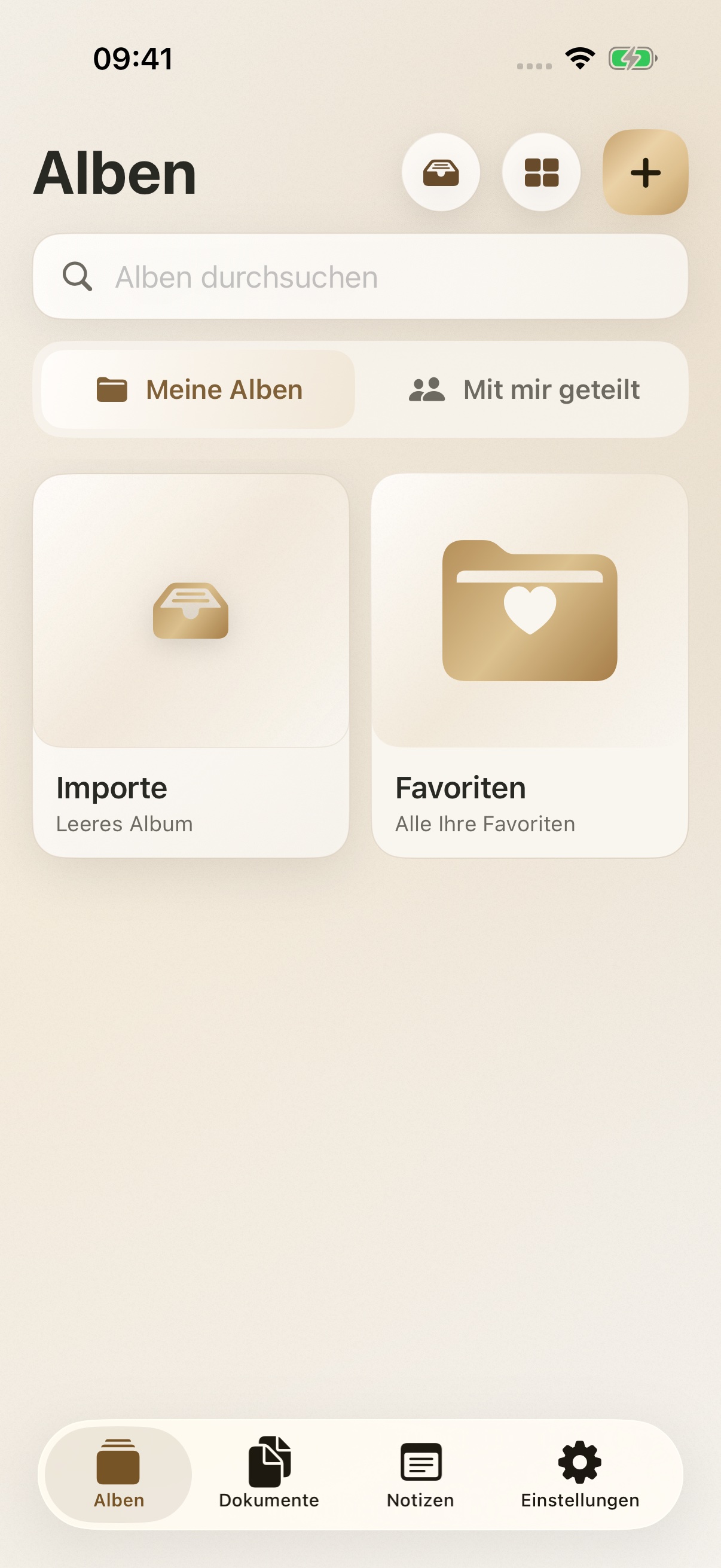Écrins Albenansicht im Gold-Design mit Beispieldaten
