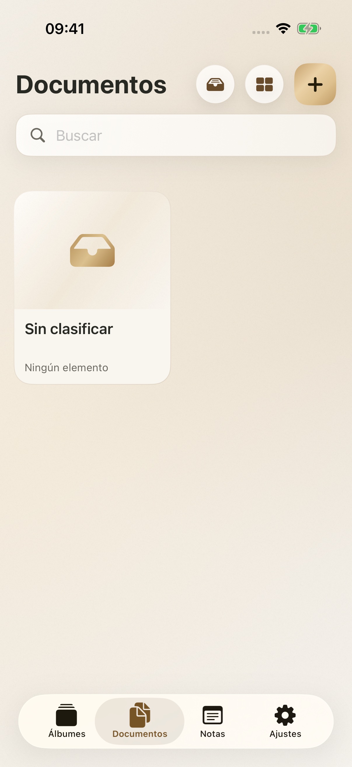 Pantalla Documentos de Écrin con el tema Oro y datos de demostración