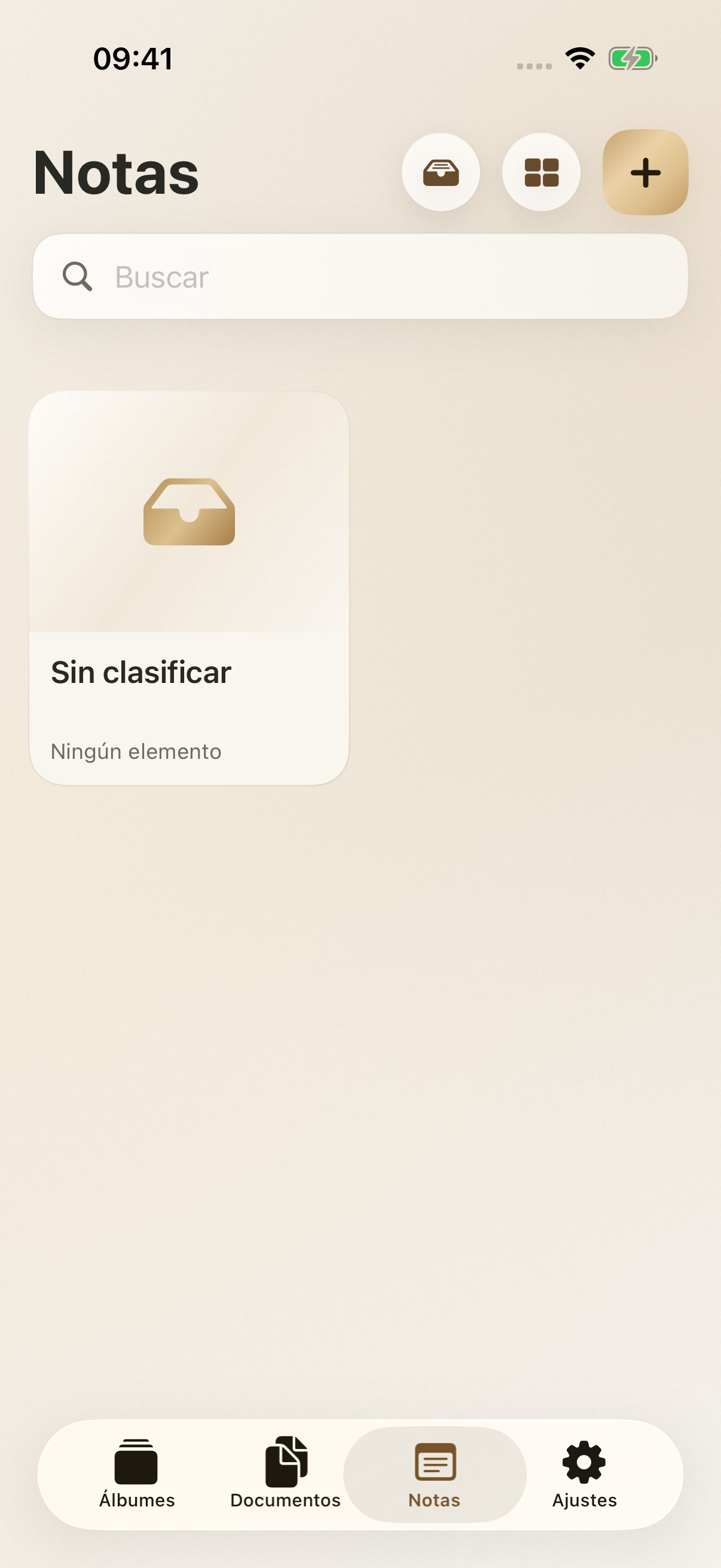 Pantalla Notas de Écrin con el tema Oro y datos de demostración