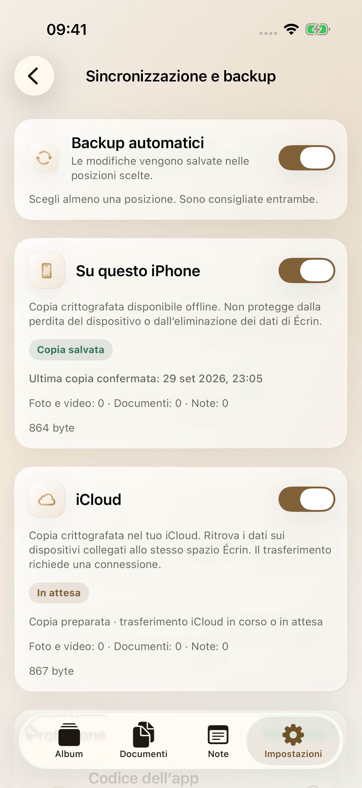 Schermata Backup di Écrin con il tema Oro e dati dimostrativi