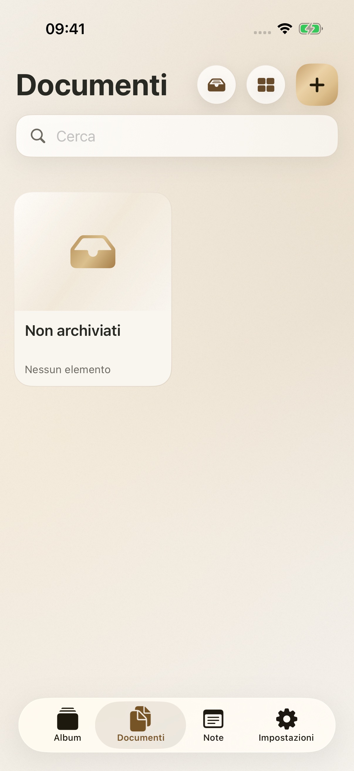 Schermata Documenti di Écrin con il tema Oro e dati dimostrativi